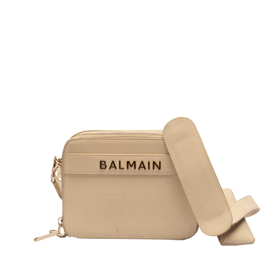 Balmain Cream Gold-tone Logo Crossbody Bag