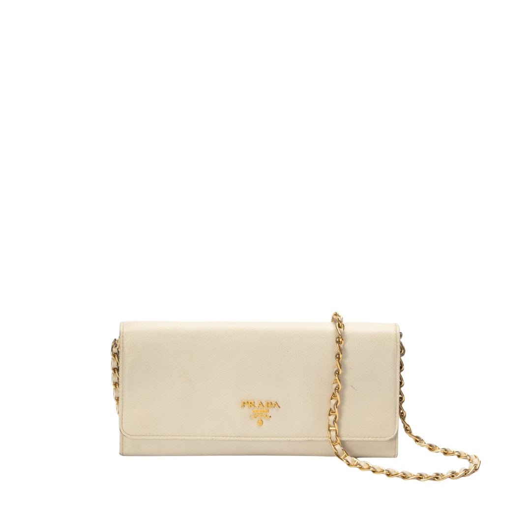 Prada Beige Metal Logo Flap Wallet On Chain