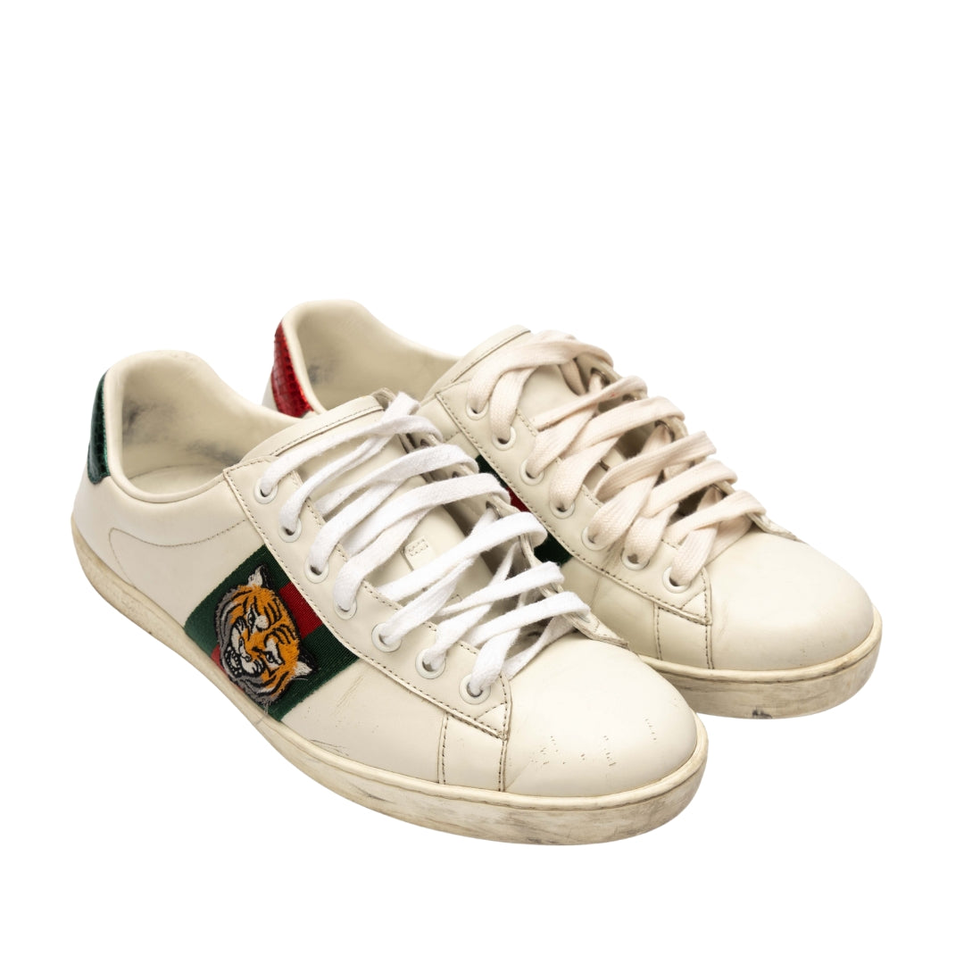 Gucci White Leather Ace Tiger Low Top Sneakers