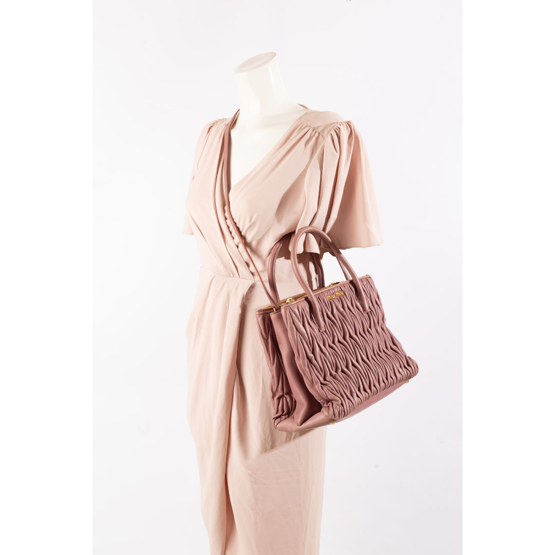 Miu Miu Old Rose Matelasse Leather Double Zip Tote
