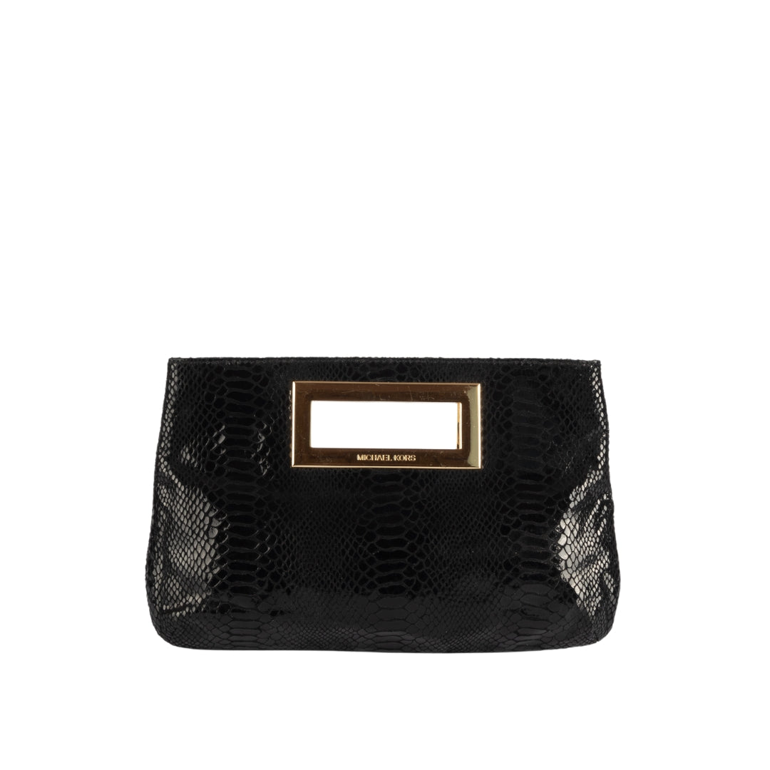 Michael Kors Black Glazed Python Embossed Leather Berkley Clutch