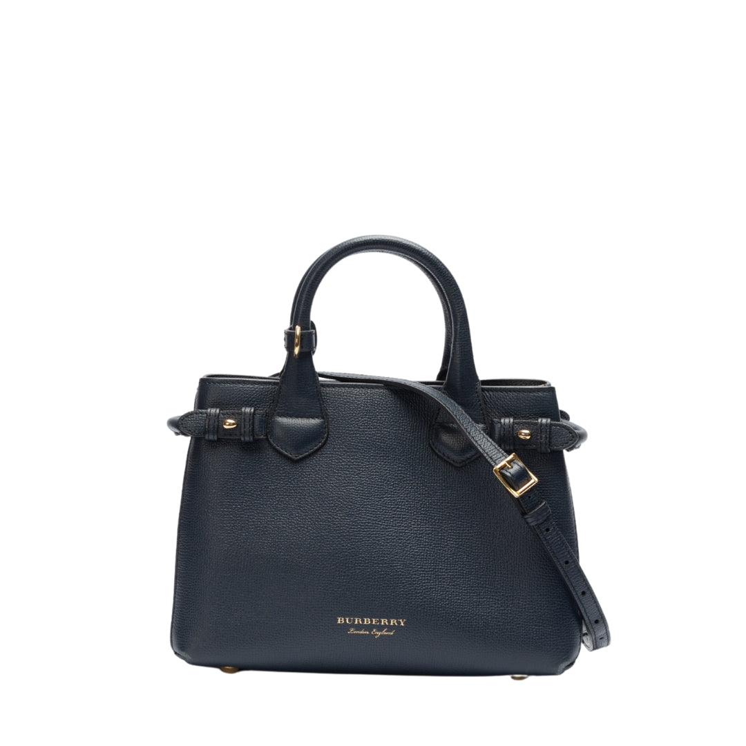 Burberry Navy Blue Leather and House Check Fabric Satchel