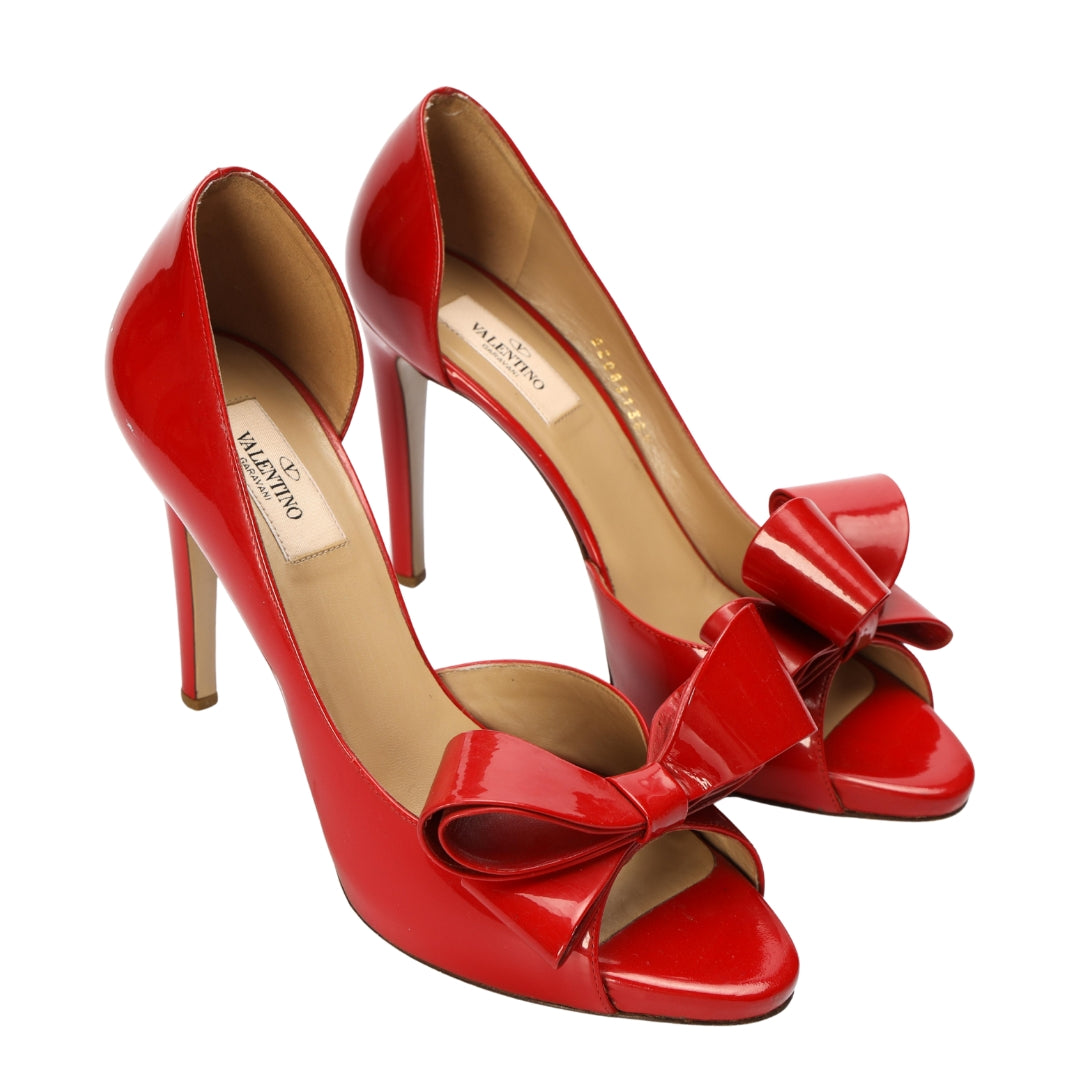 Valentino Red Leather Bow Peep Toe Pumps