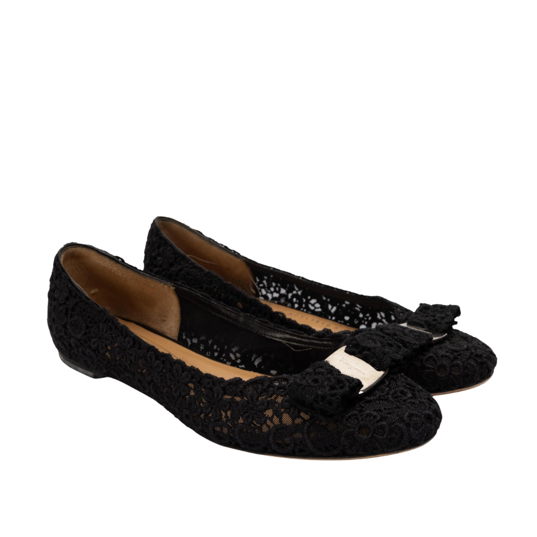 Ferragamo Varina Black Floral Woven Balleria Shoes