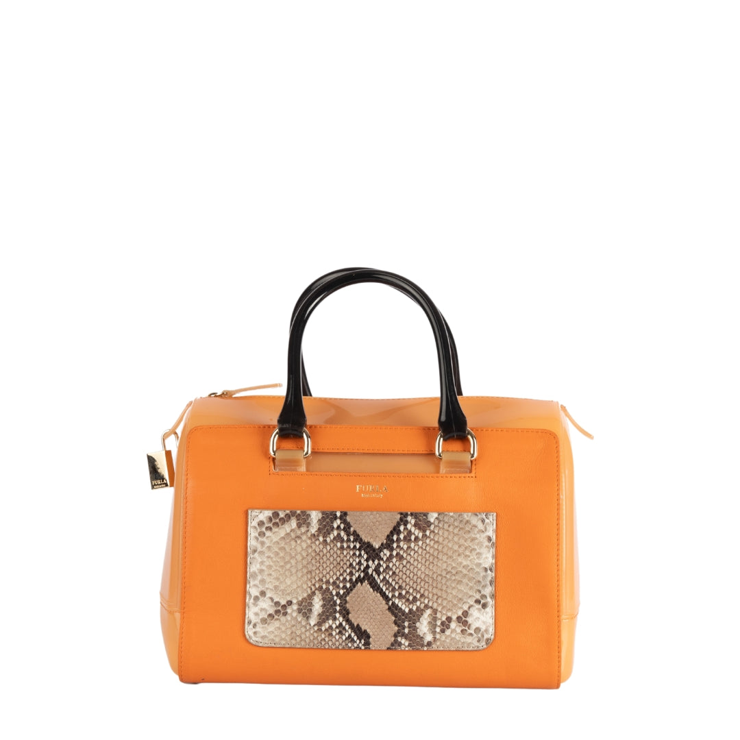 Furla Orange/Brown Rubber and Snakeskin Embossed Leather Candy Satchel