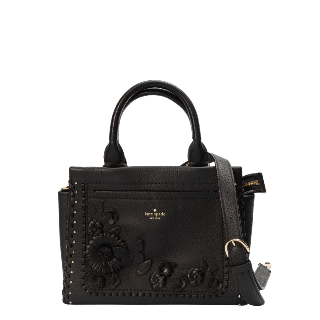Kate Spade Black Larissa Floral Whipstitch Satchel