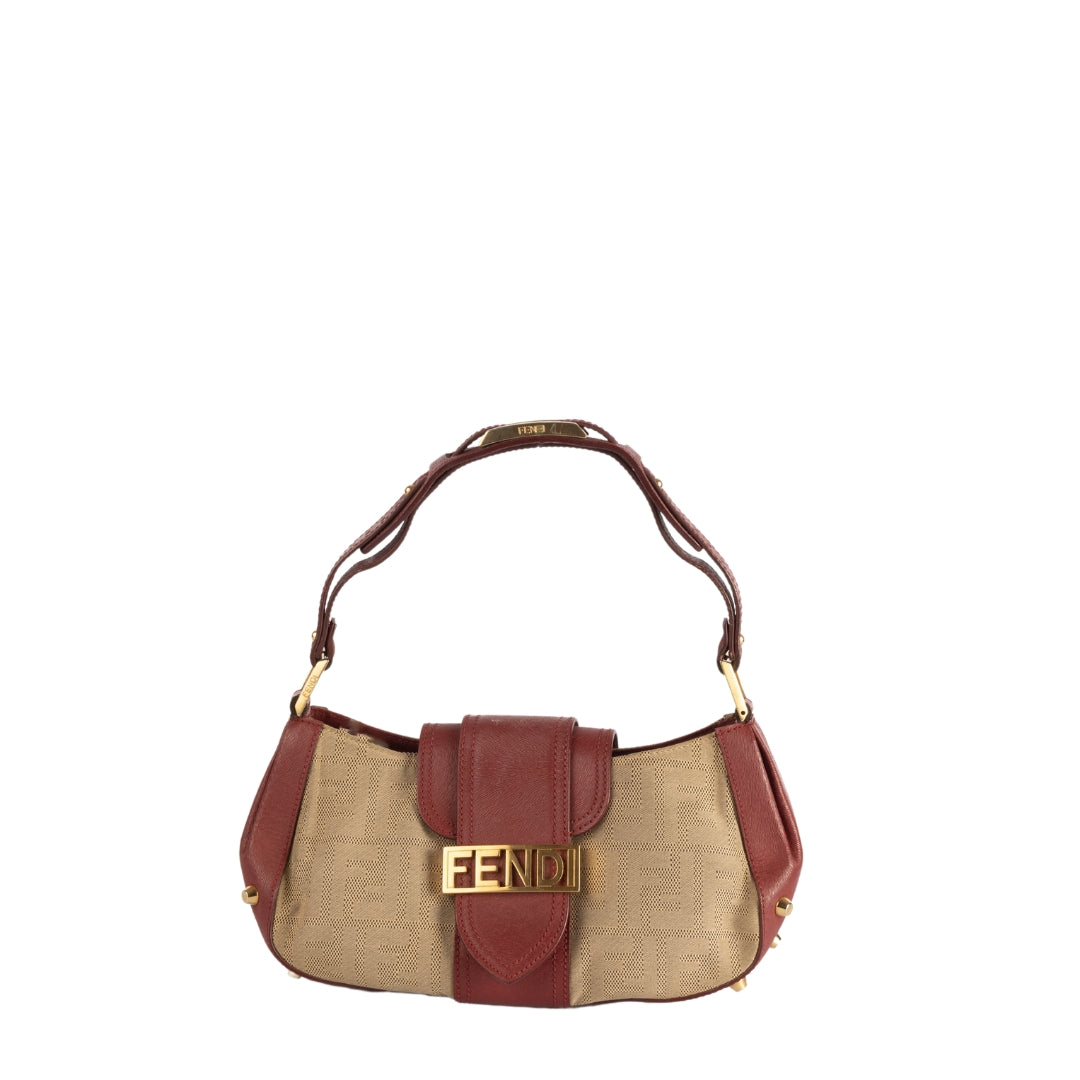 Fendi Beige/Red Zucca Canvas and Leather Baguette Shoulder Bag