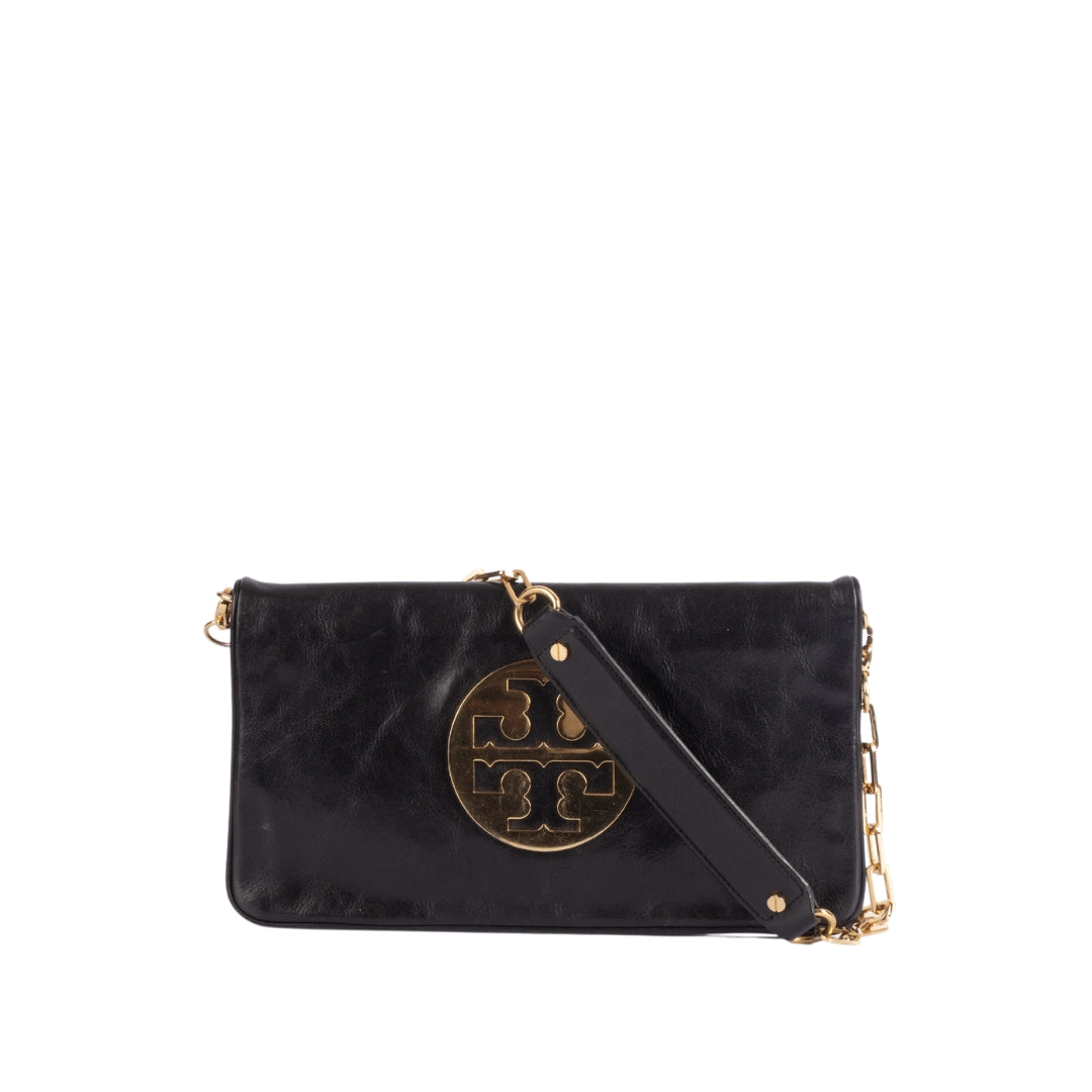 Tory Burch Black Glossy Leather Reva Chain Shoulder Bag