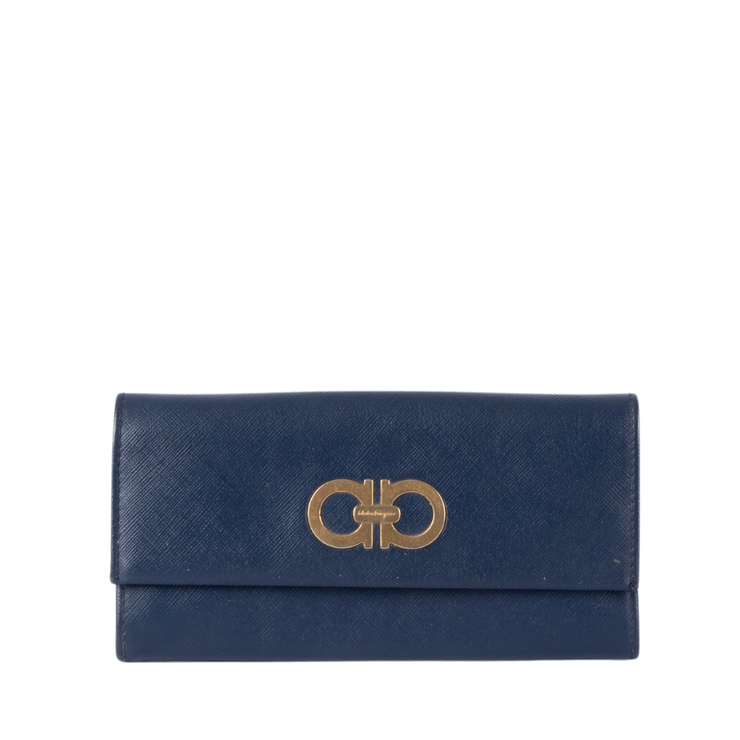 Salvatore Ferragamo Oxford Blue Leather Gancini Continental Wallet