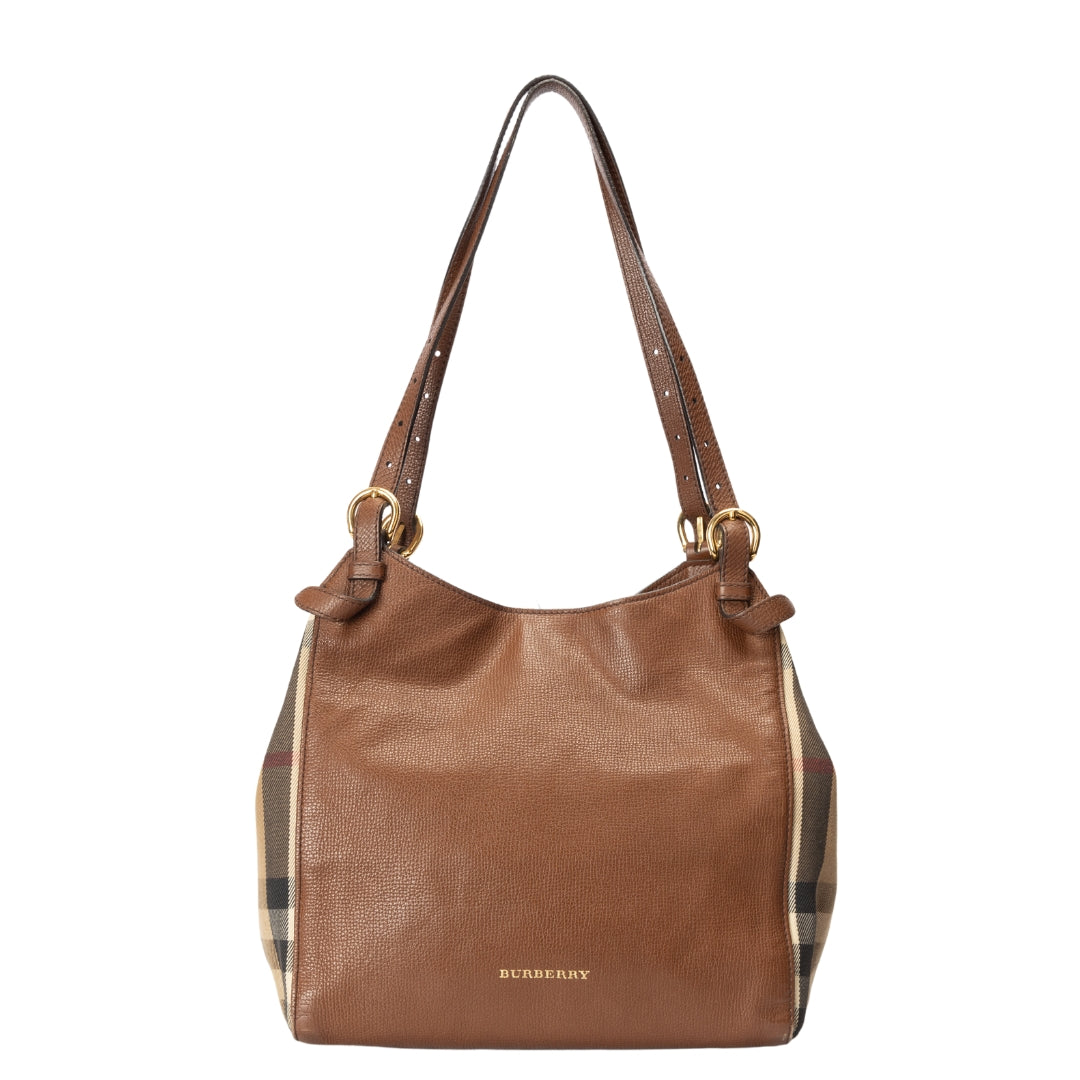 Burberry Brown Leather and House Check Canvas Canterbury Tote Bag