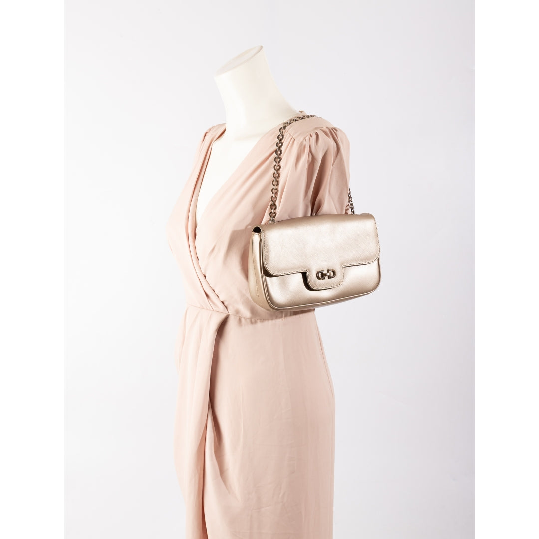 Salvatore Ferragamo Metallic Beige Gancini Flap Bag