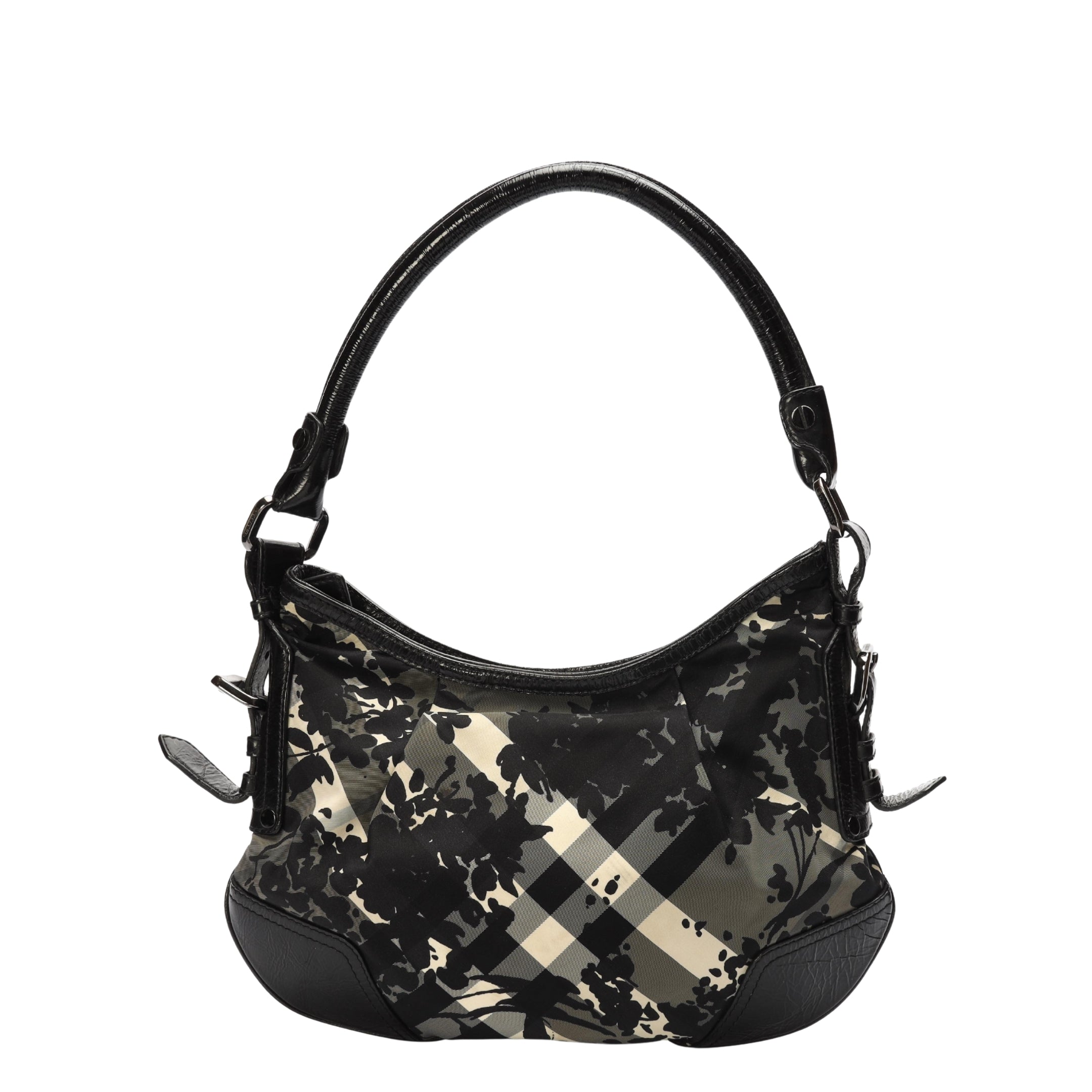 Burberry Black Check Nylon Foley Floral Print Hobo Bag
