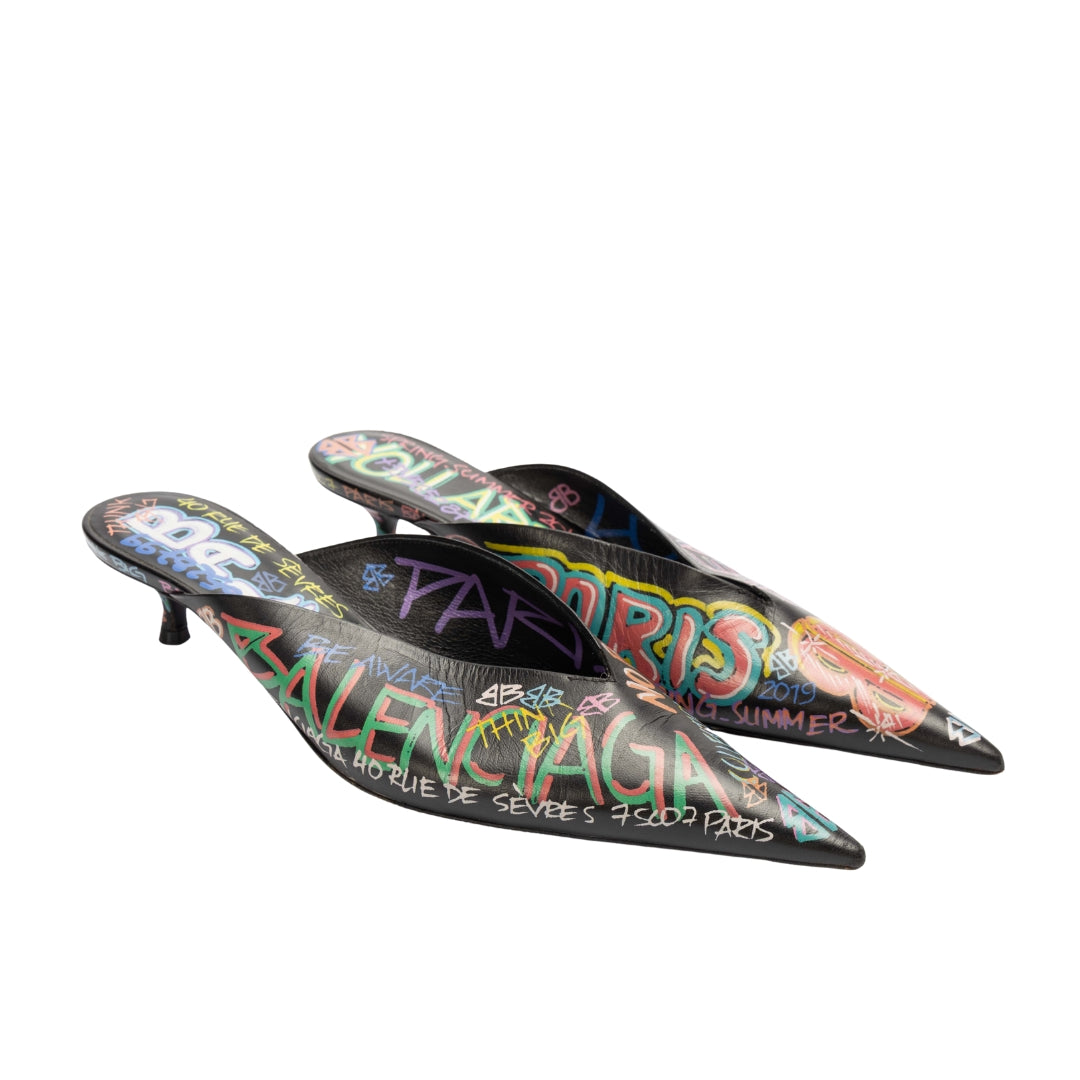Balenciaga Black Graffiti Knife Pointed Toe Mules