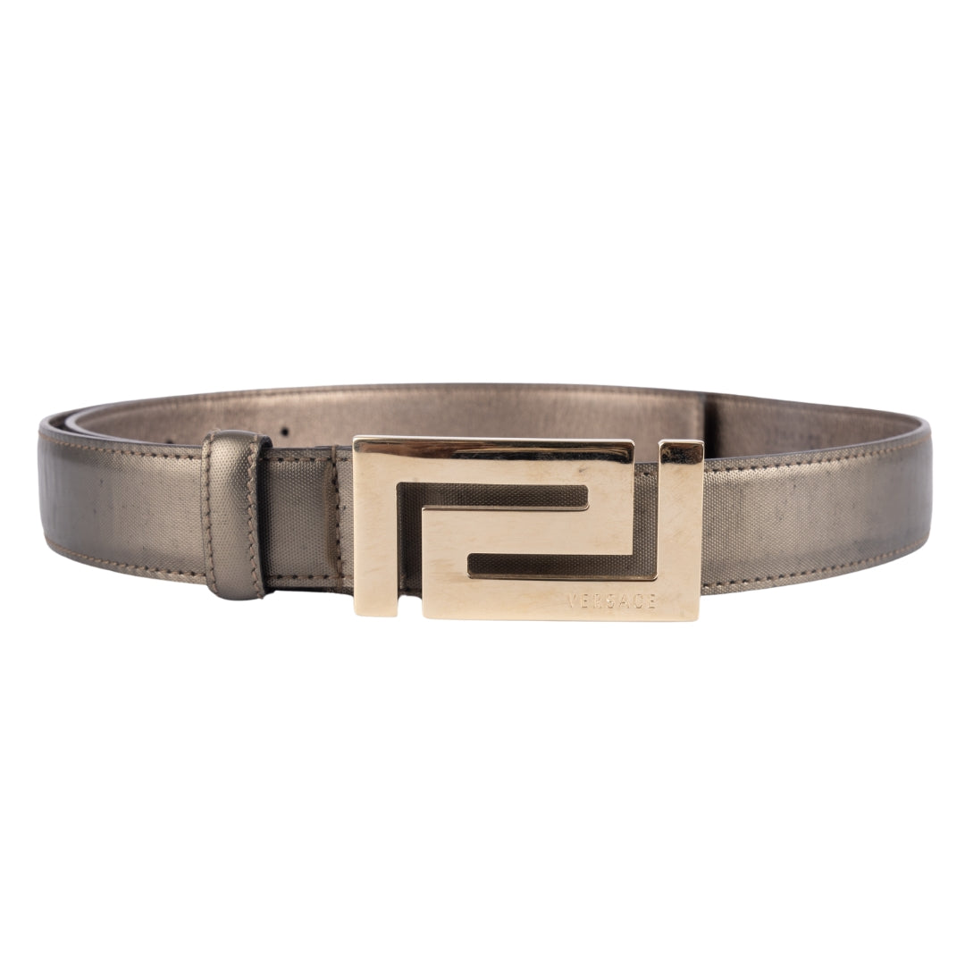 Versace Metallic Grey Fabric and Leather Buckle Belt