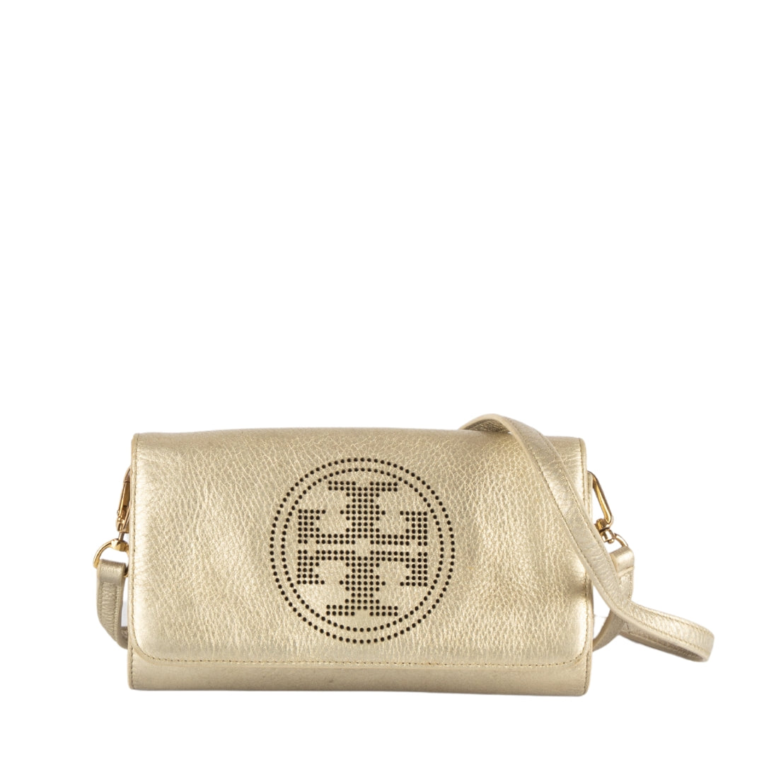 Tory Burch Metallic Perforated Logo Crossbody Bag