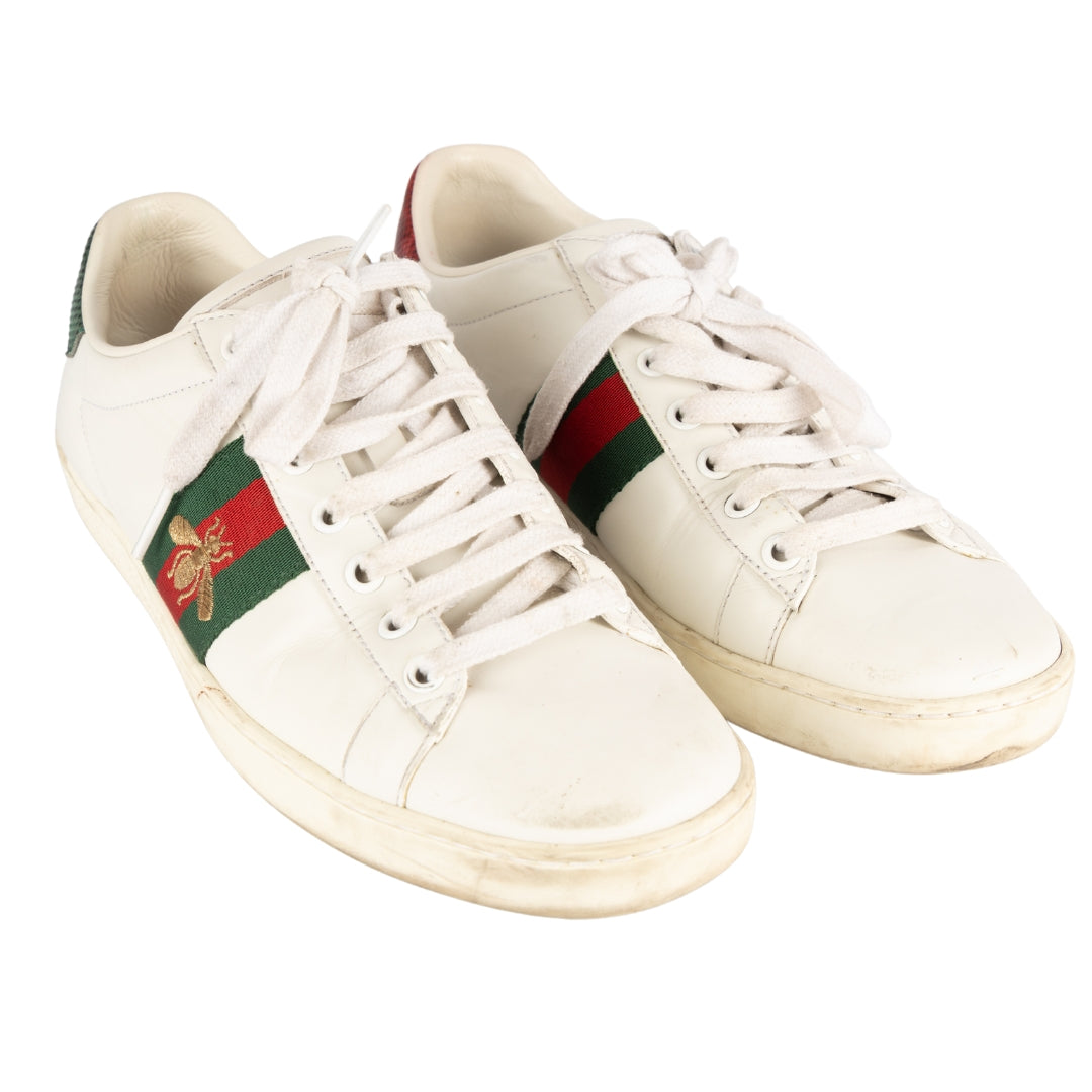 Gucci White Leather and Python Embossed Ace Bee Embroidered Sneakers