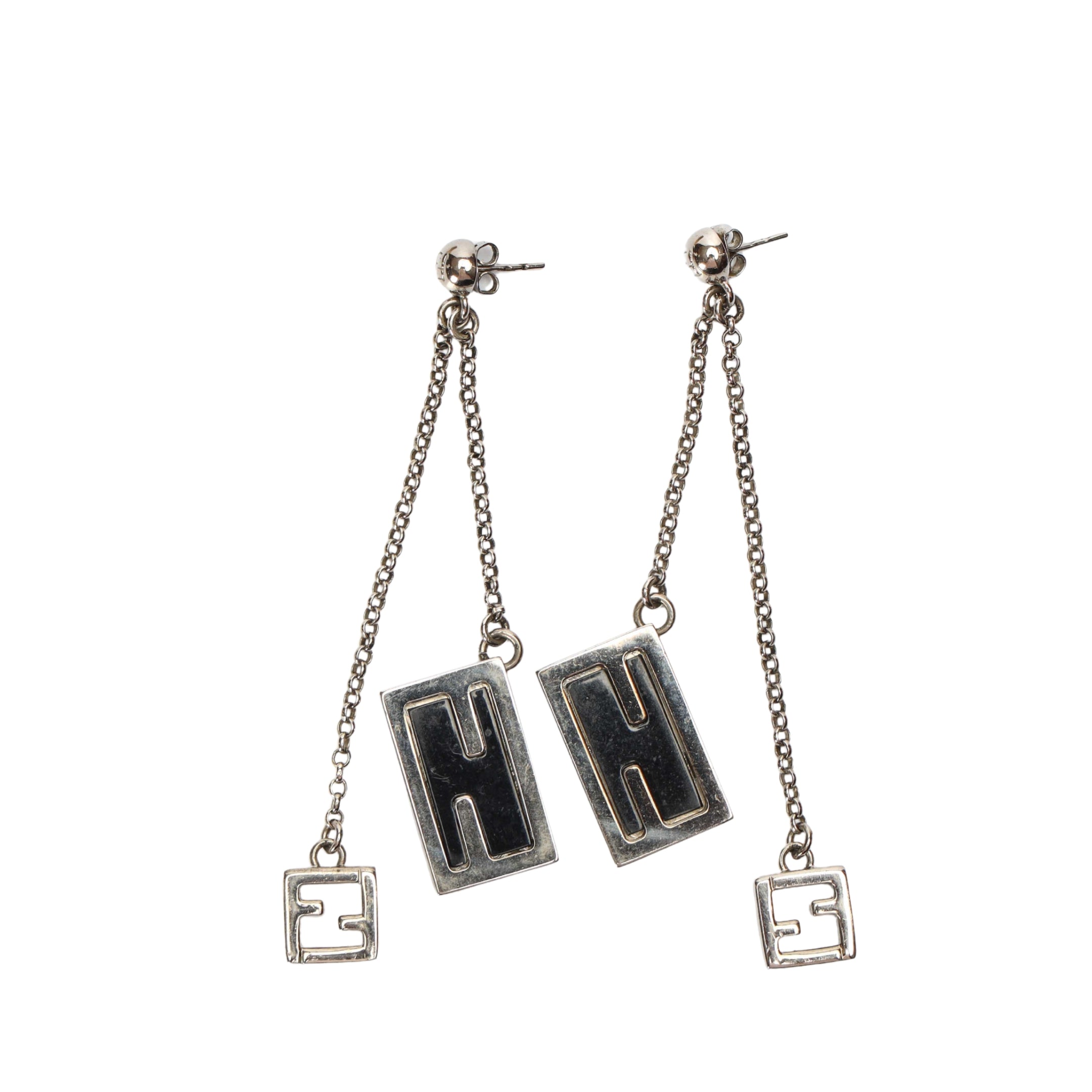 Fendi Silver Chain Detail Logo Drop Earrings