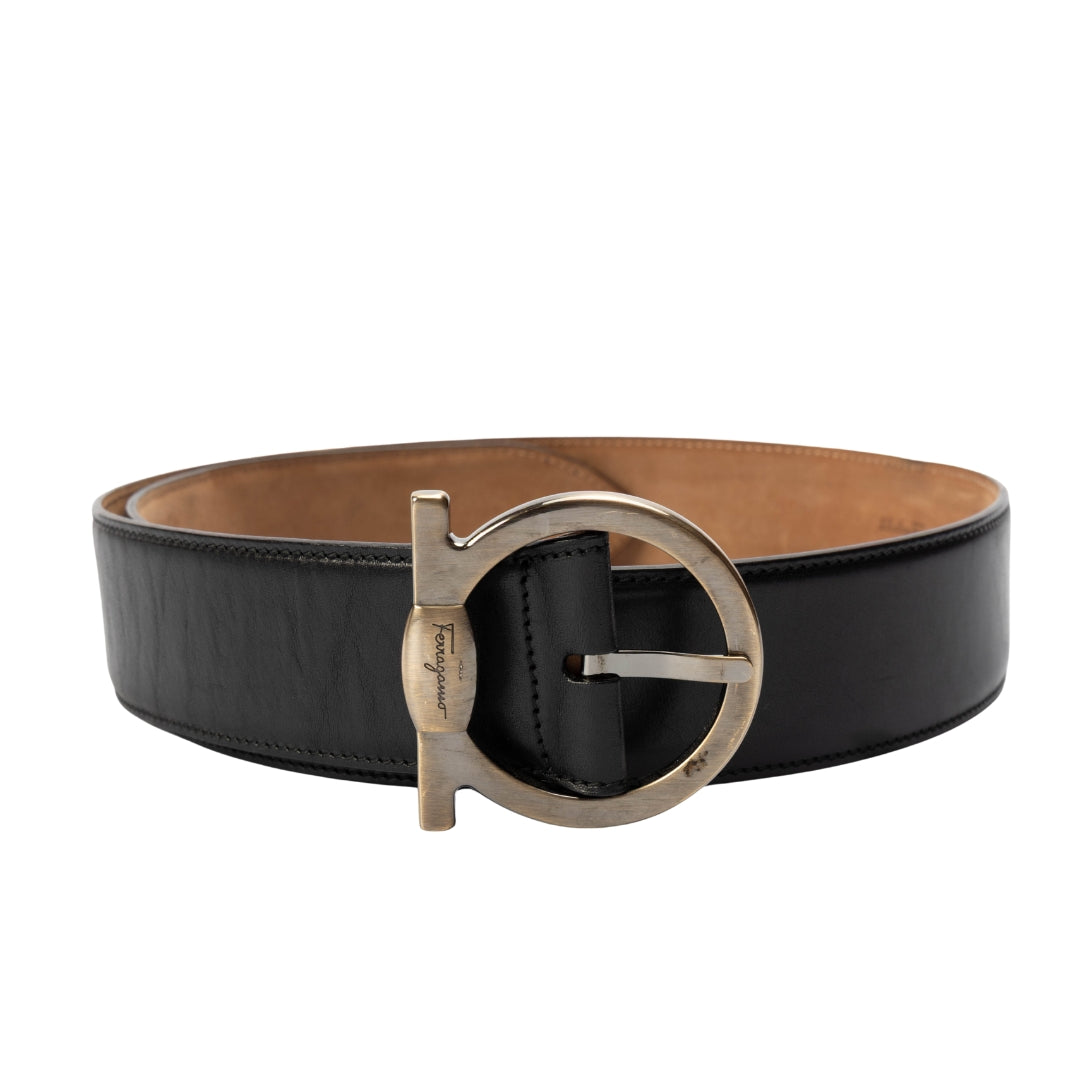Salvatore Ferragamo Black Leather Gancini Buckle Belt