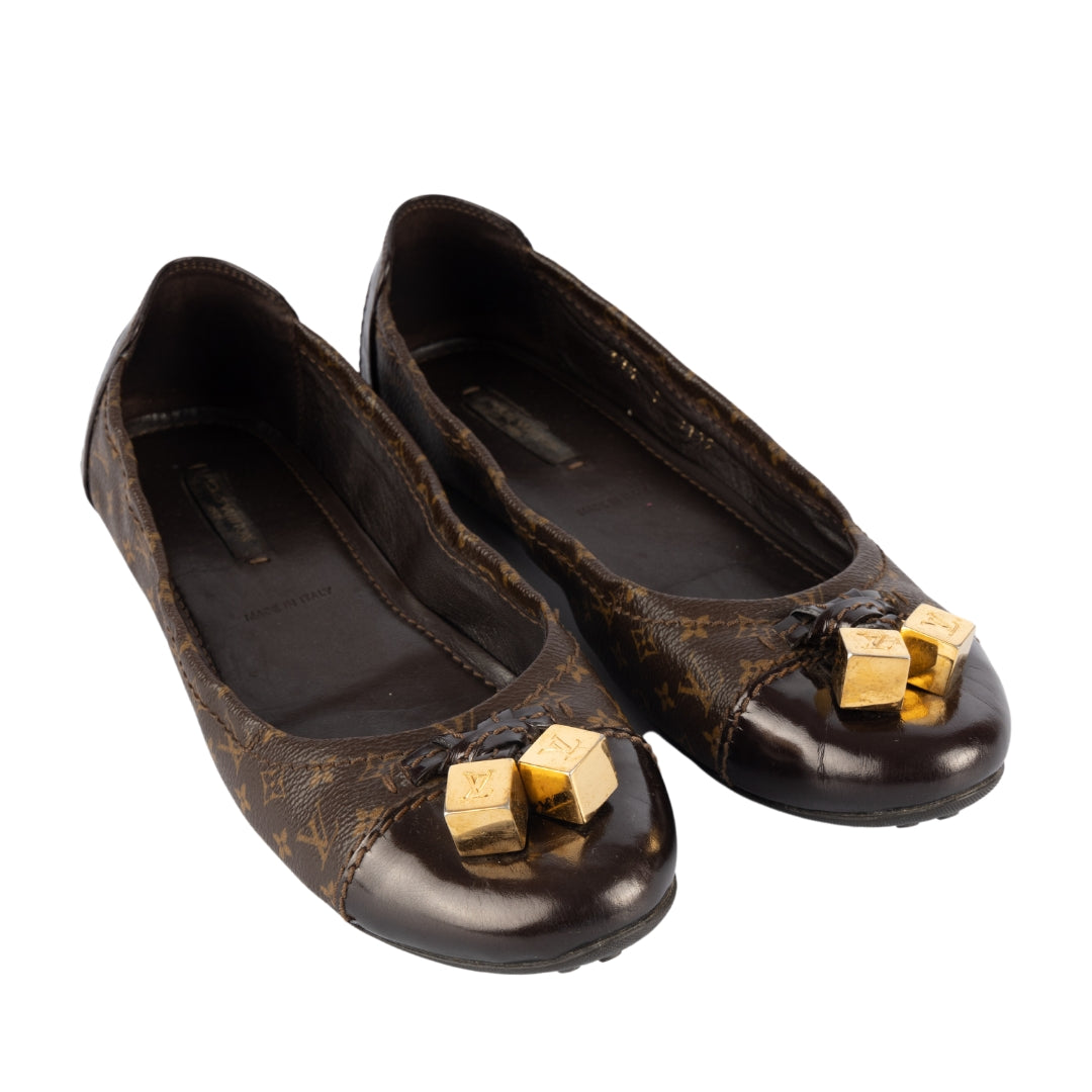 Louis Vuitton Brown Monogram Canvas and Patent Lovely Scrunch Ballet Flats