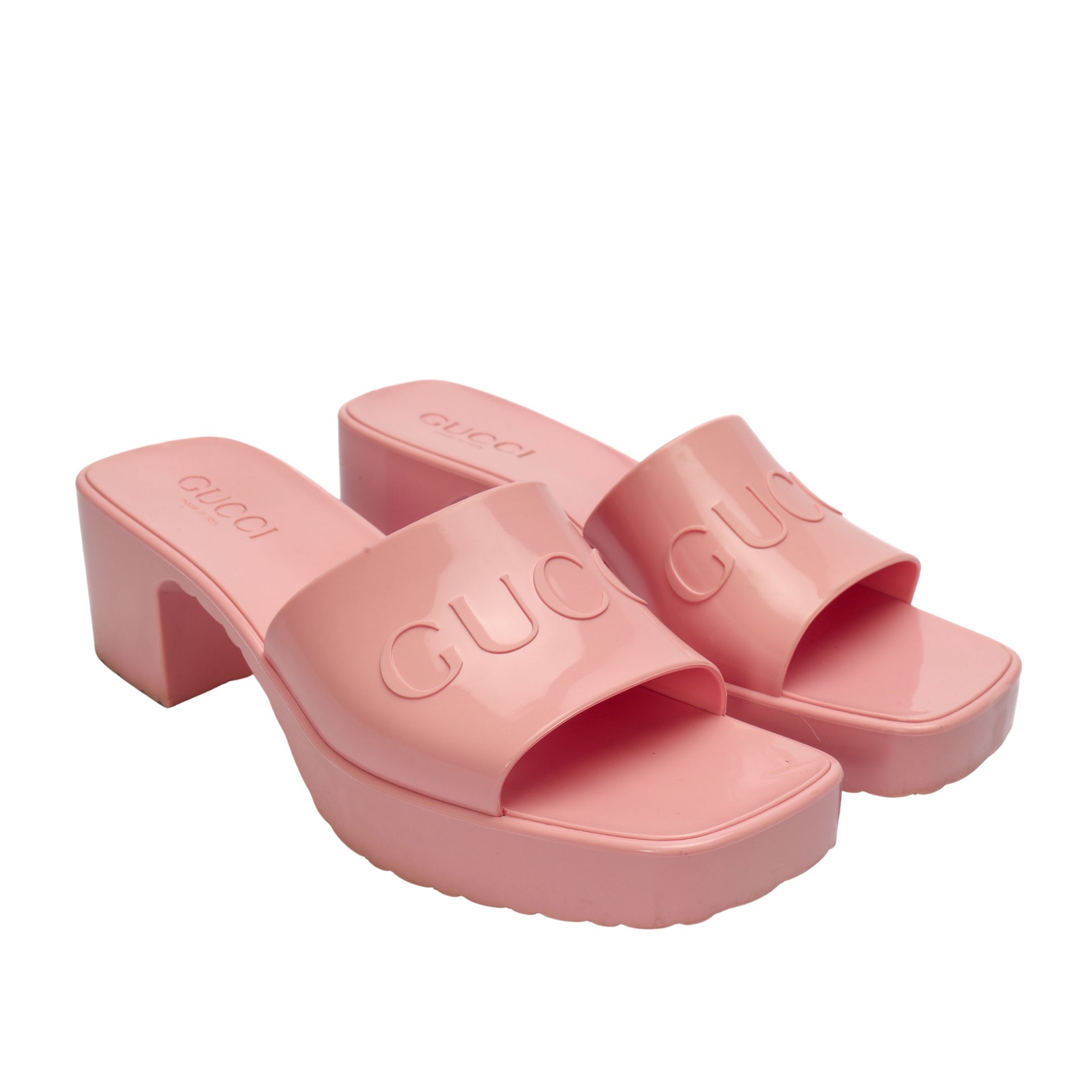 Gucci Pink Jelly Block Heel Logo Sandals