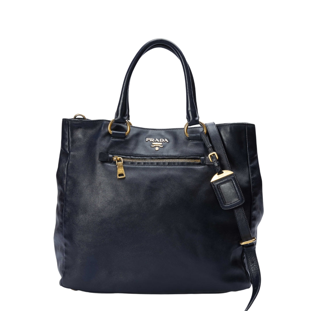 Prada Blue Soft Leather Front Zip Tote