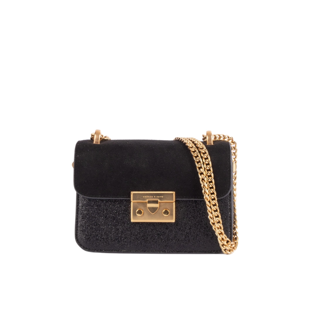 Charles & Keith Glittered Push-Lock Chain Crossbody Bag