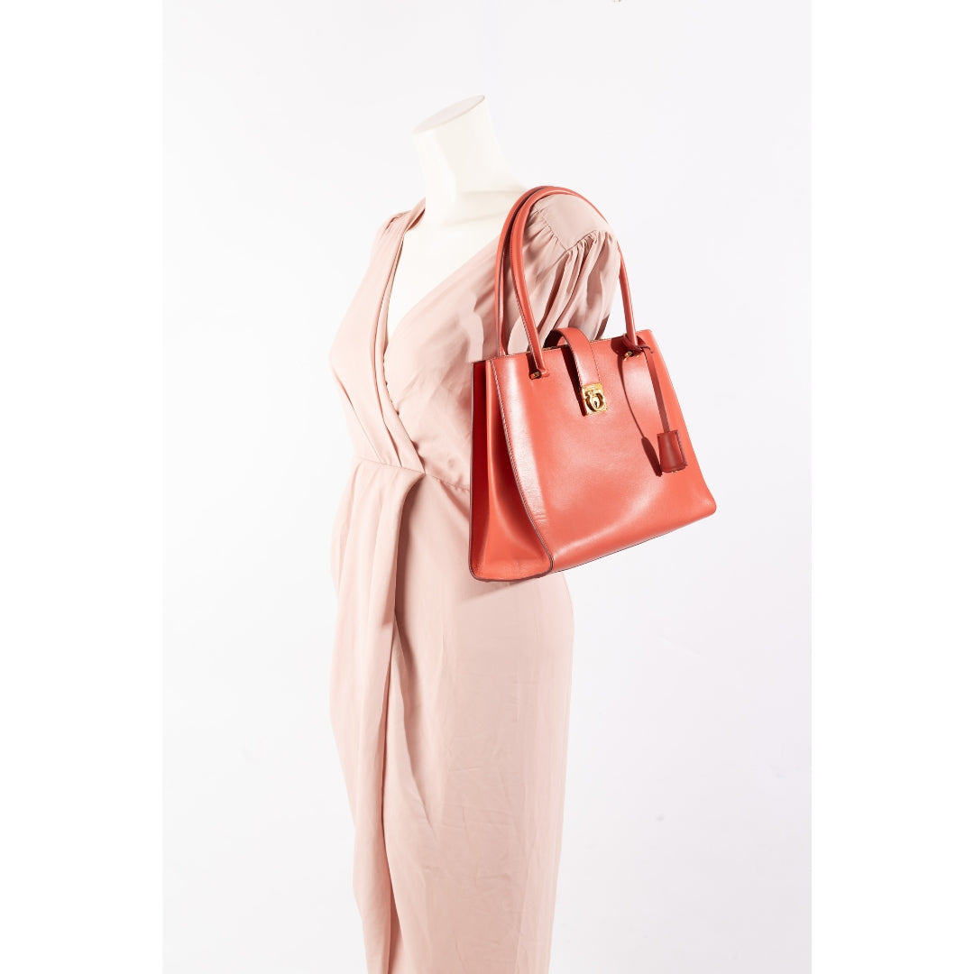 Salvatore Ferragamo Coral Red Gancini Lock Satchel