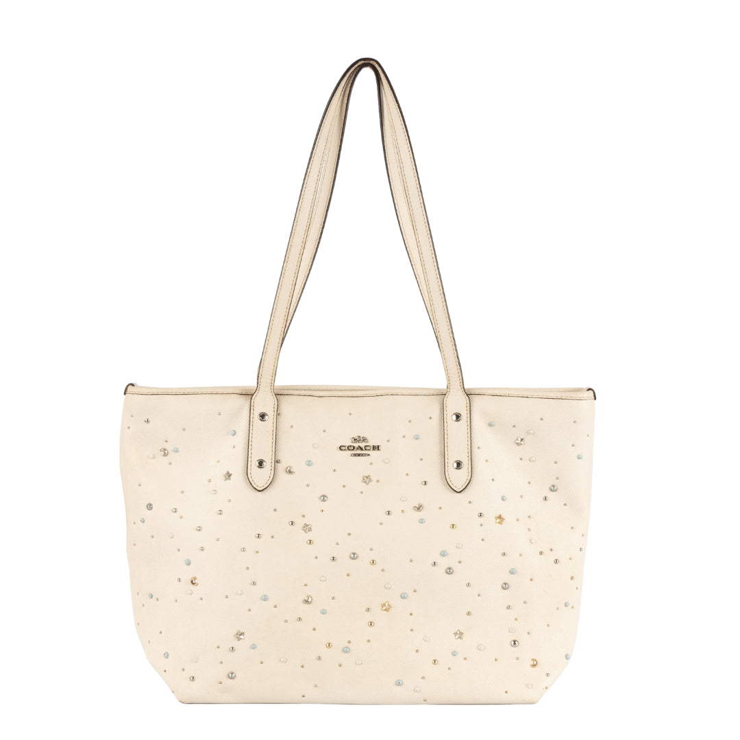 Coach Ivory Leather Stardust Studs City Zip Tote