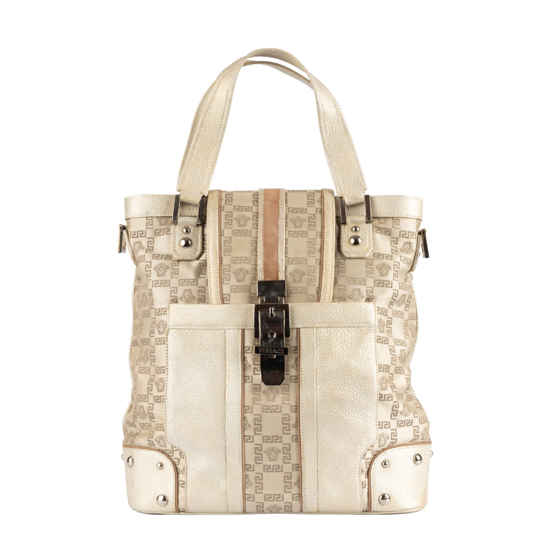 Versace Beige Metallic Signature Fabric and Leather Tote Bag