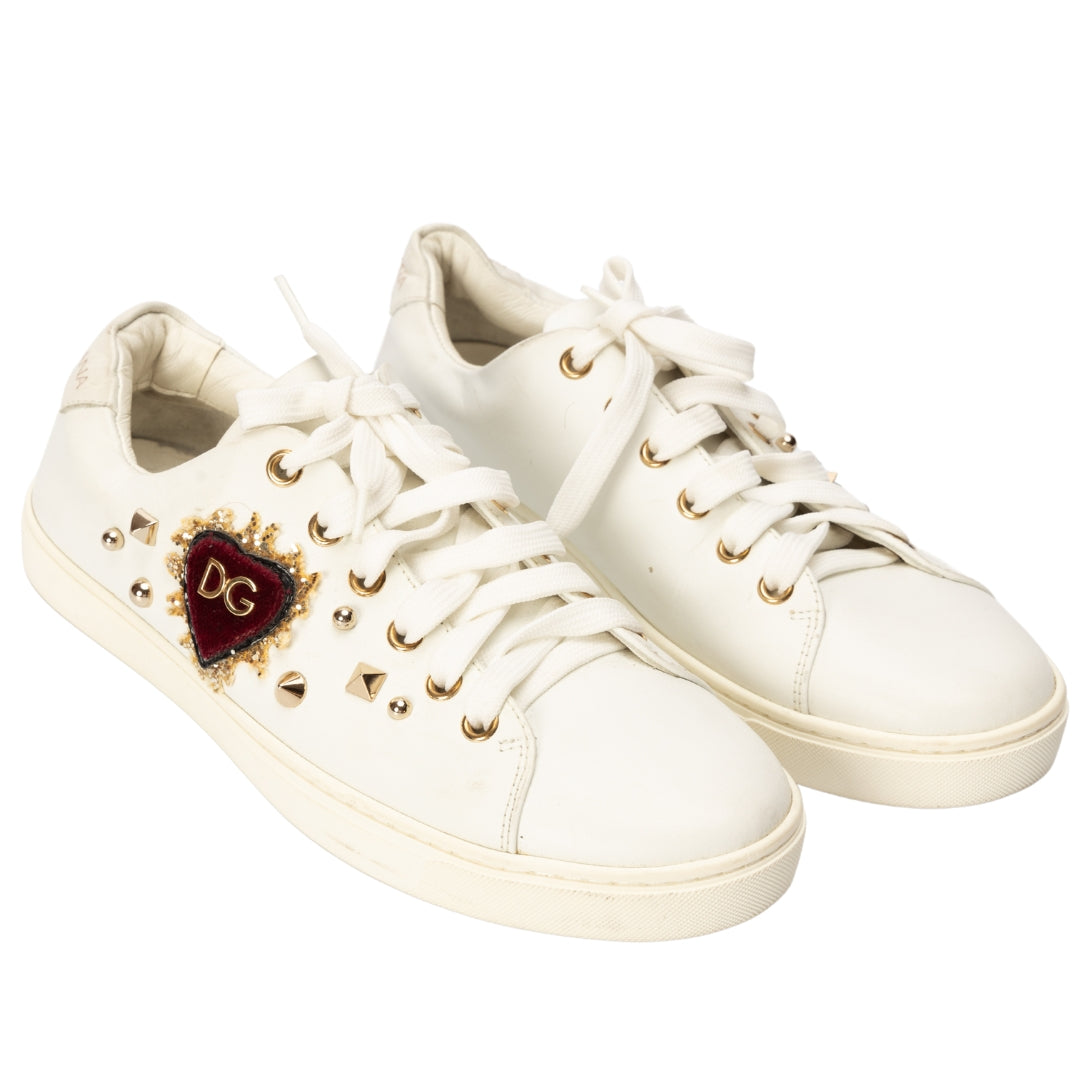 Dolce & Gabbana White Leather Embellished Portofino Sneakers