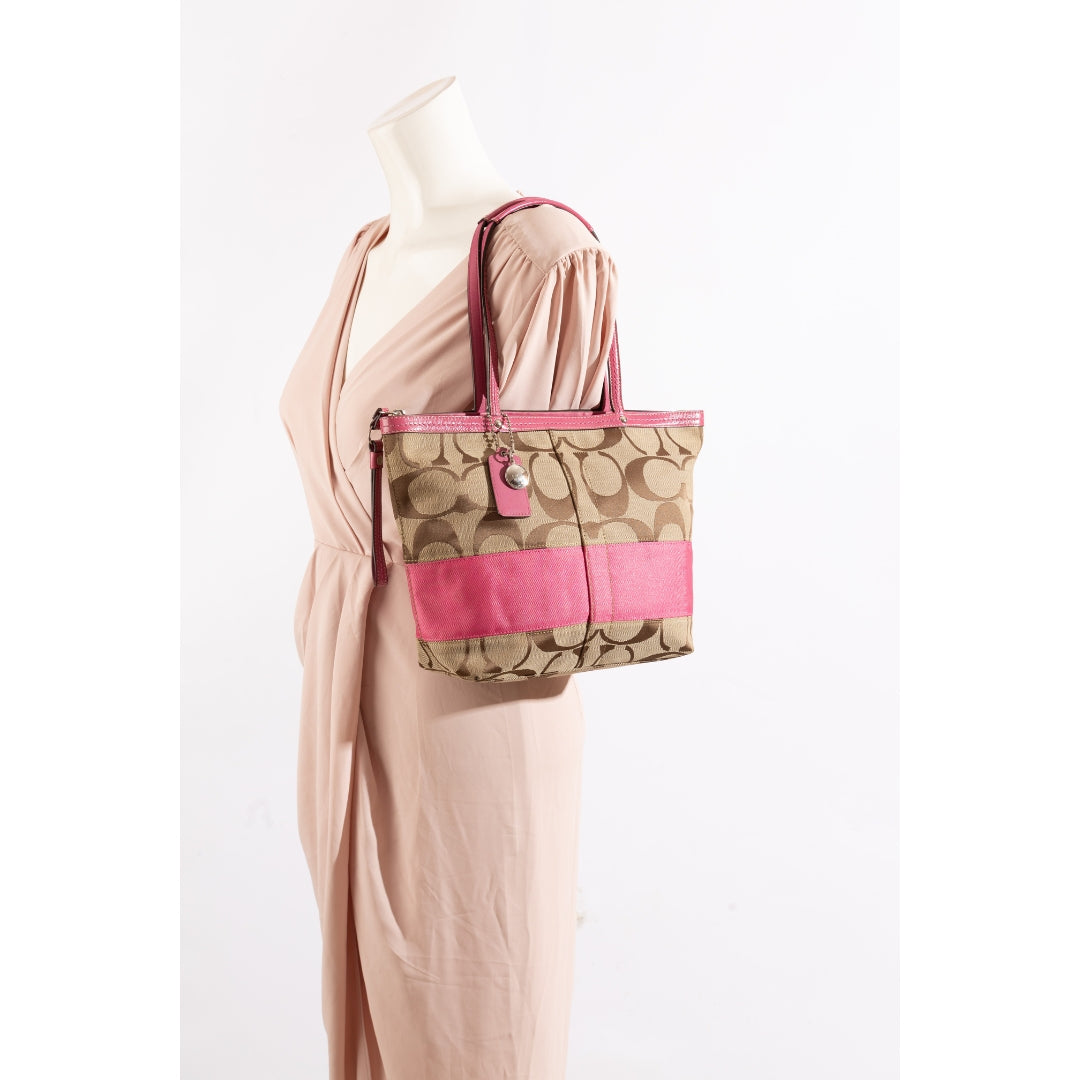 Coach Beige/Pink Signature Canvas Tote