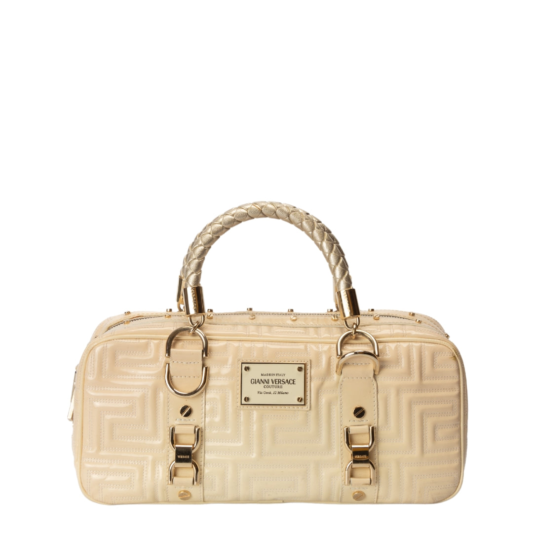 Gianni Versace Cream Quilted Patent Leather Bowler Bag