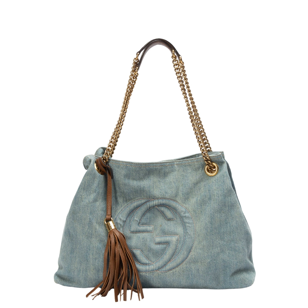 Gucci Blue Distressed Denim Soho Tote