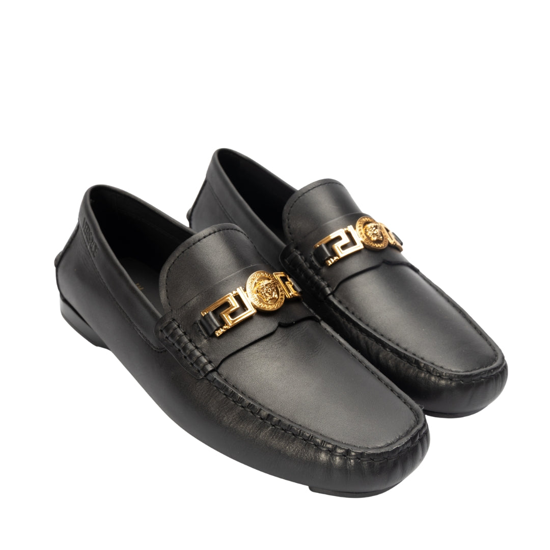 Versace Black Leather Medusa Slip On Loafers