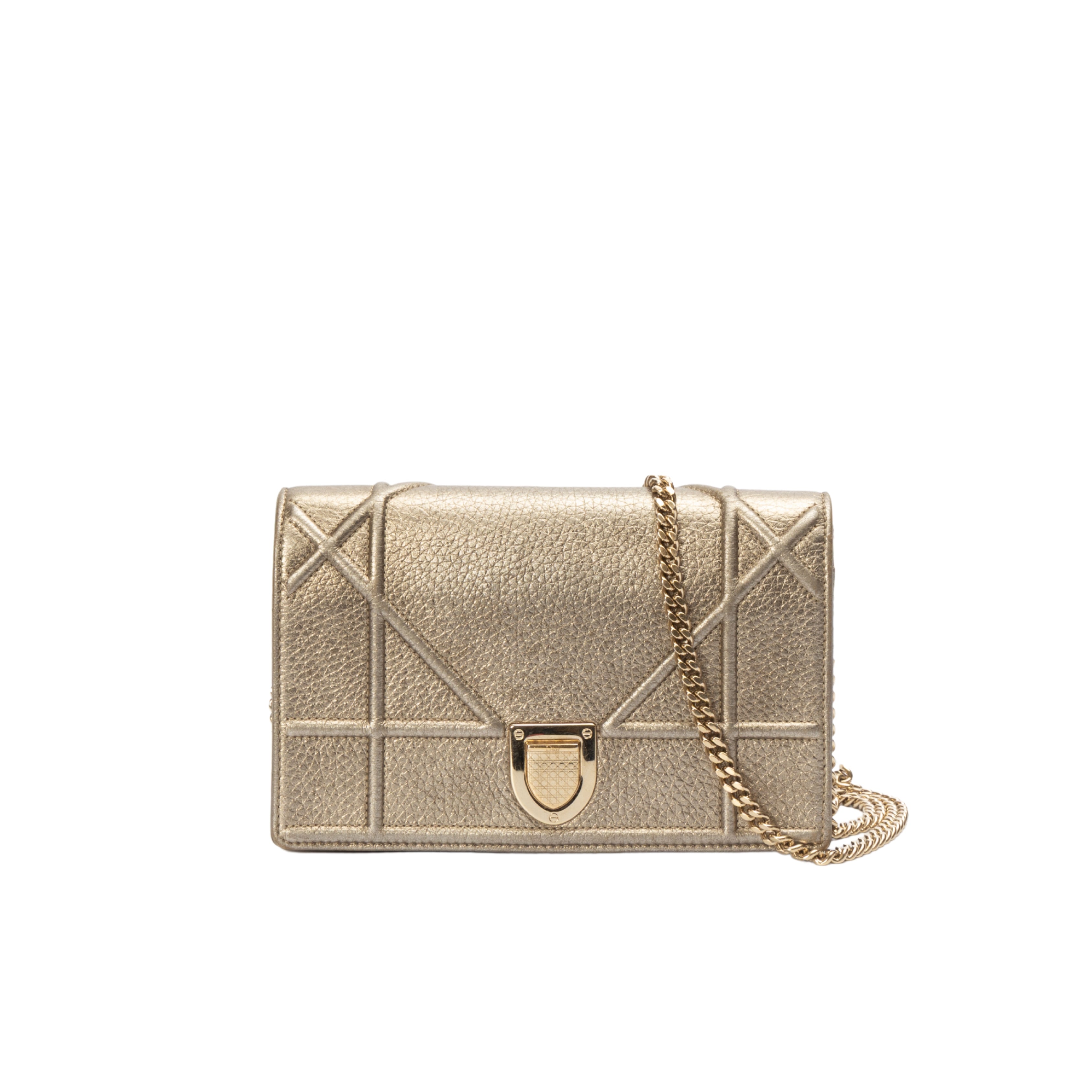 Dior Metallic Gold Leather Diorama Wallet on Chain