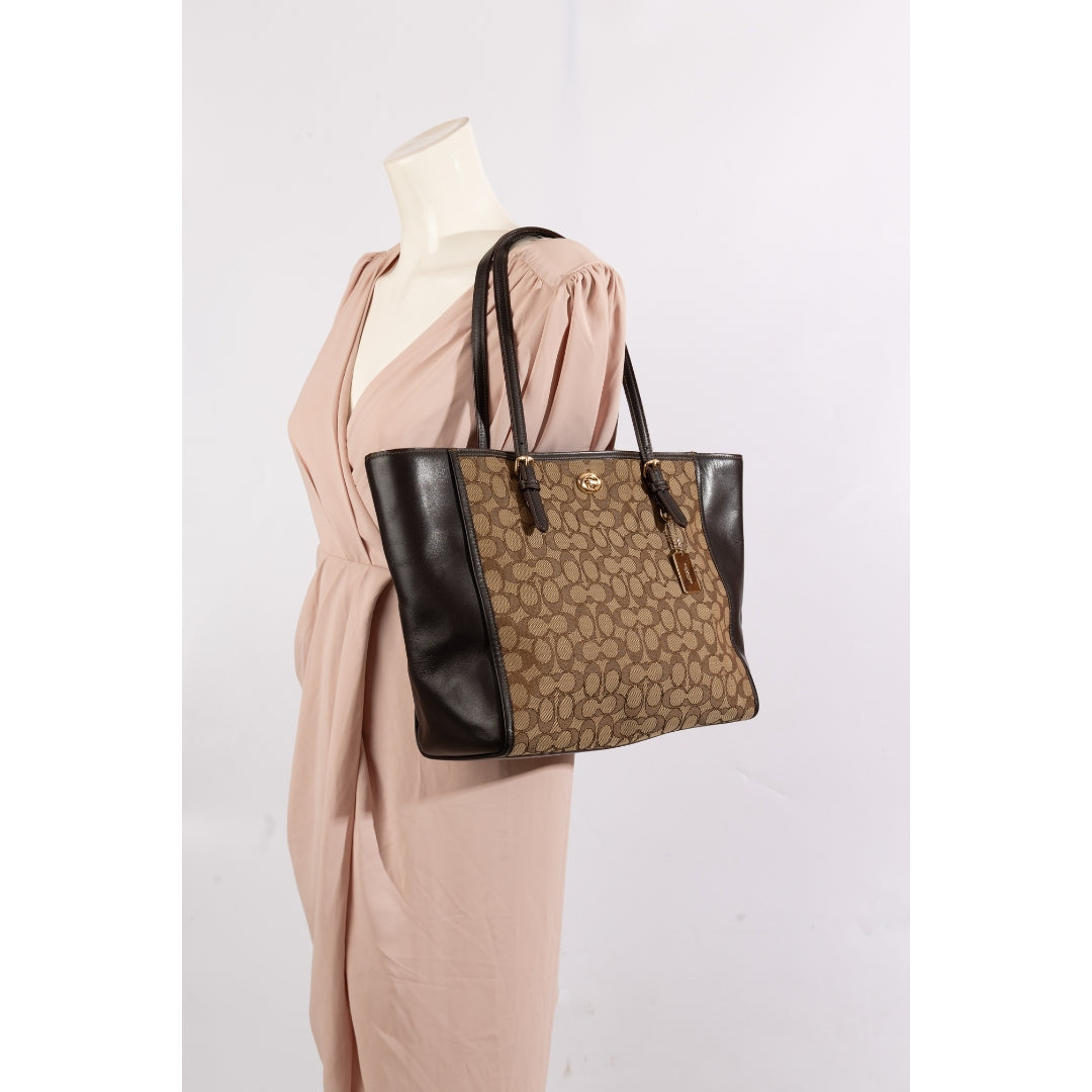 Coach Dual Toned Signature Canvas Leather Shopper Tote