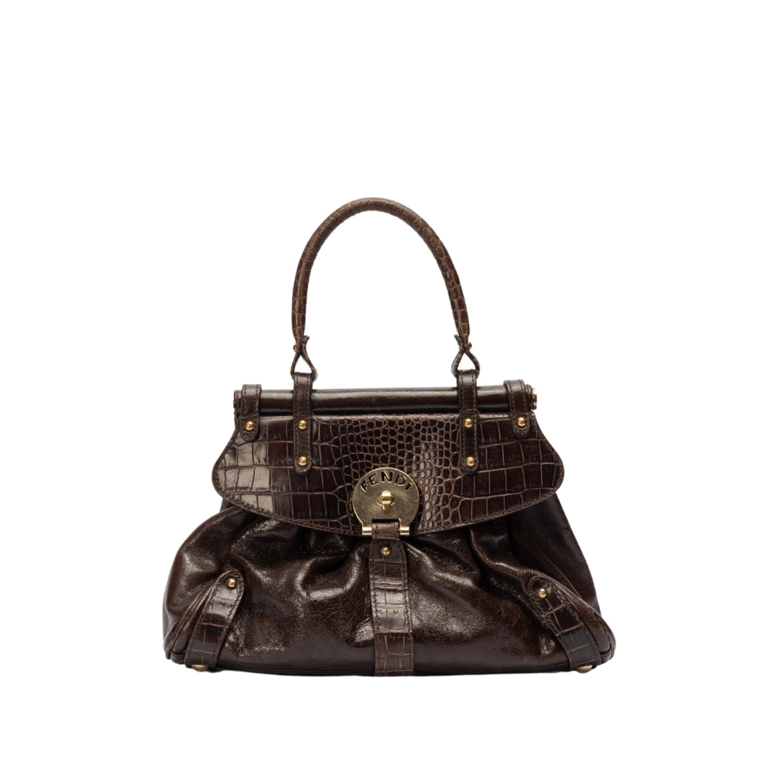 Fendi Brown Leather Croc Embossed Magic Bag