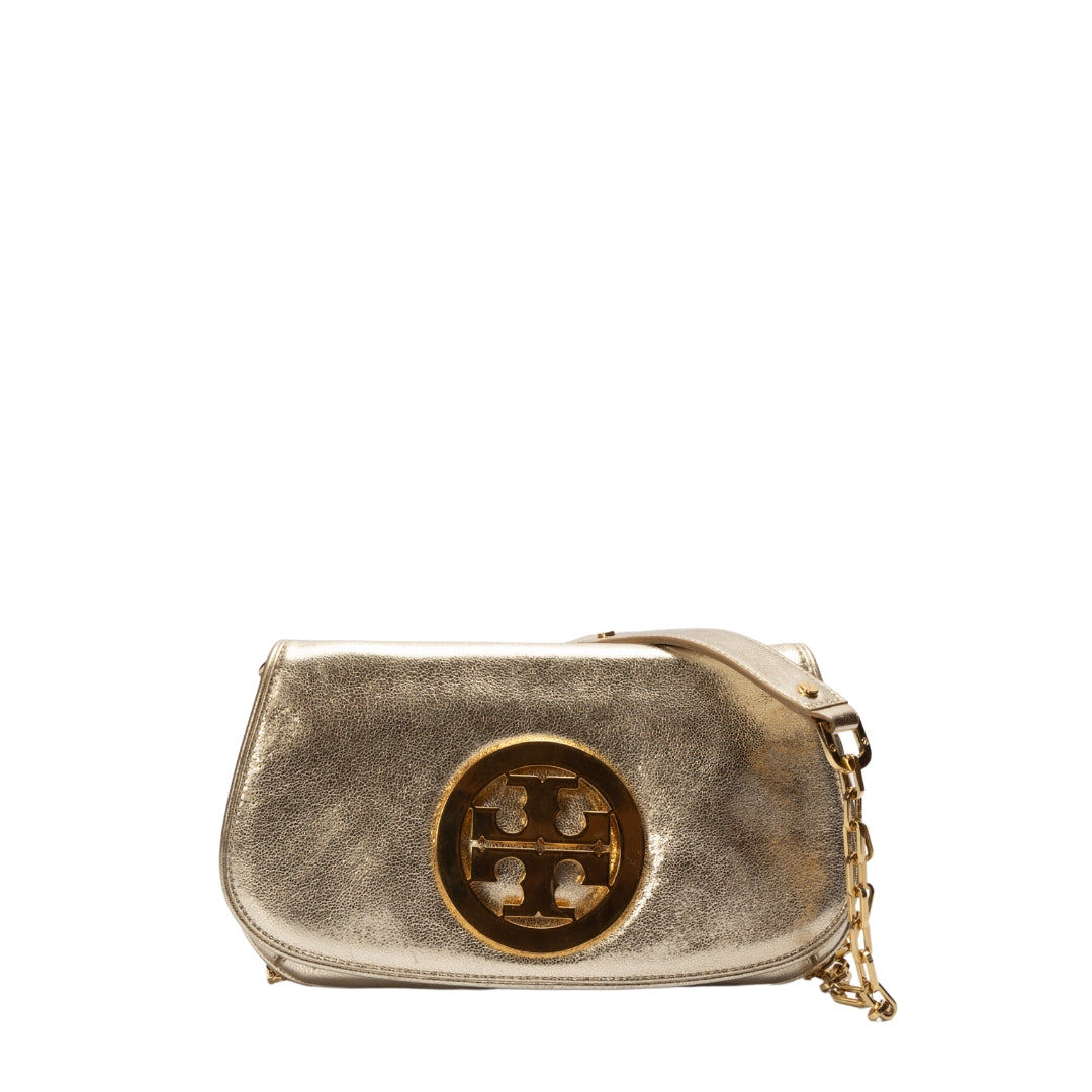 Tory Burch Gold Laminated Leather Reva Logo Crossbody Bag