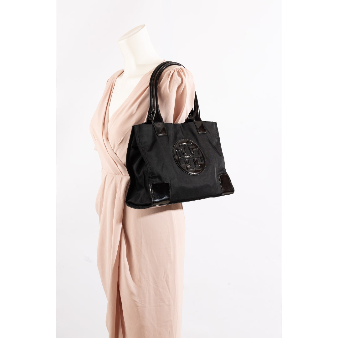 Tory Burch Black Nylon Leather Ella Tote