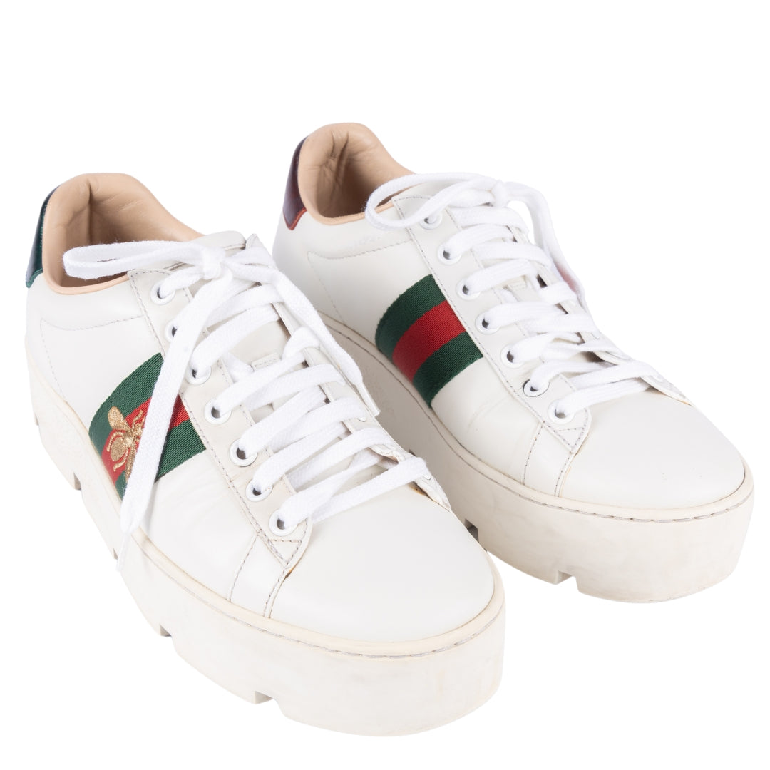 Gucci White Leather Bee Ace Platform Low Top Sneakers