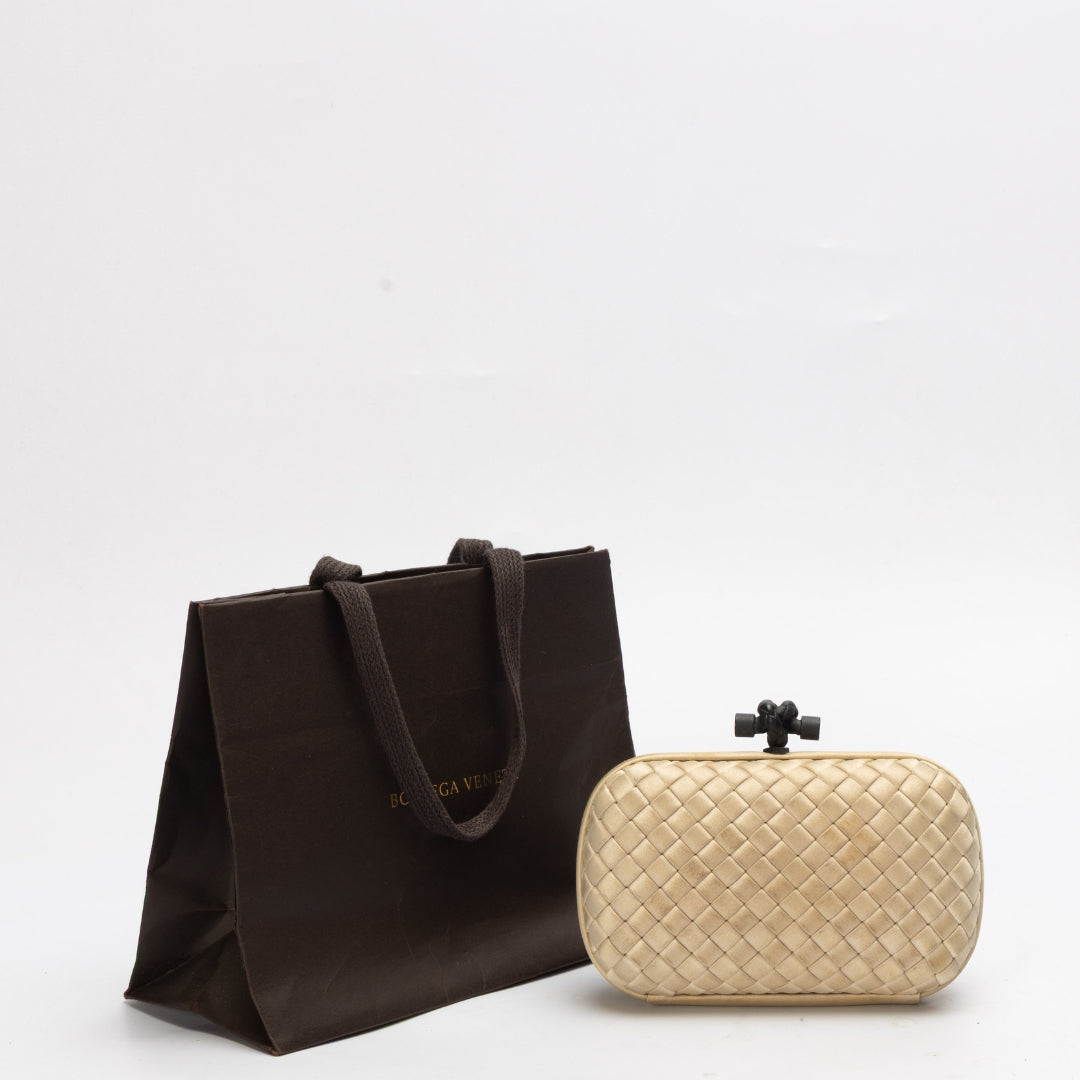 Bottega Veneta Beige Satin Trim Knot Clutch