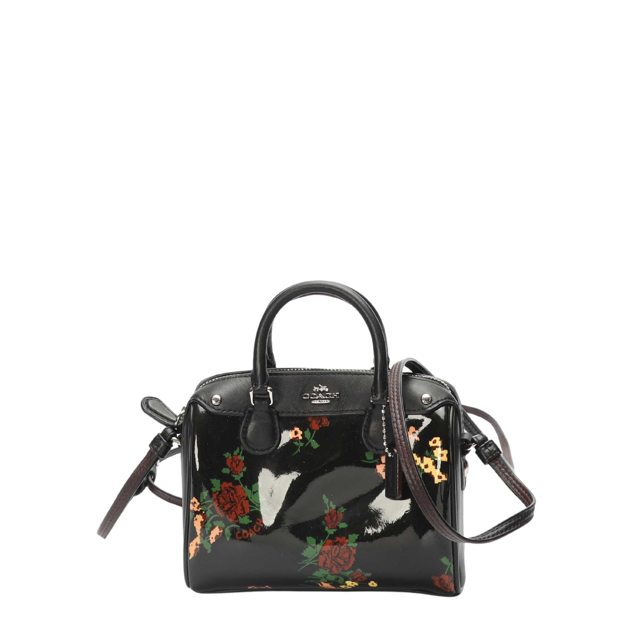 Coach Black Rose Print Rowan Satchel Crossbody Bag