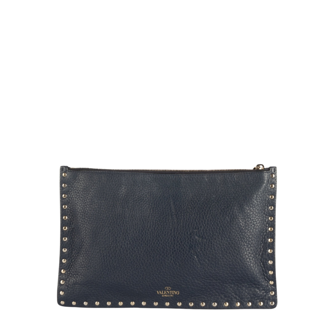 Valentino Navy Leather Rockstud Zip Clutch