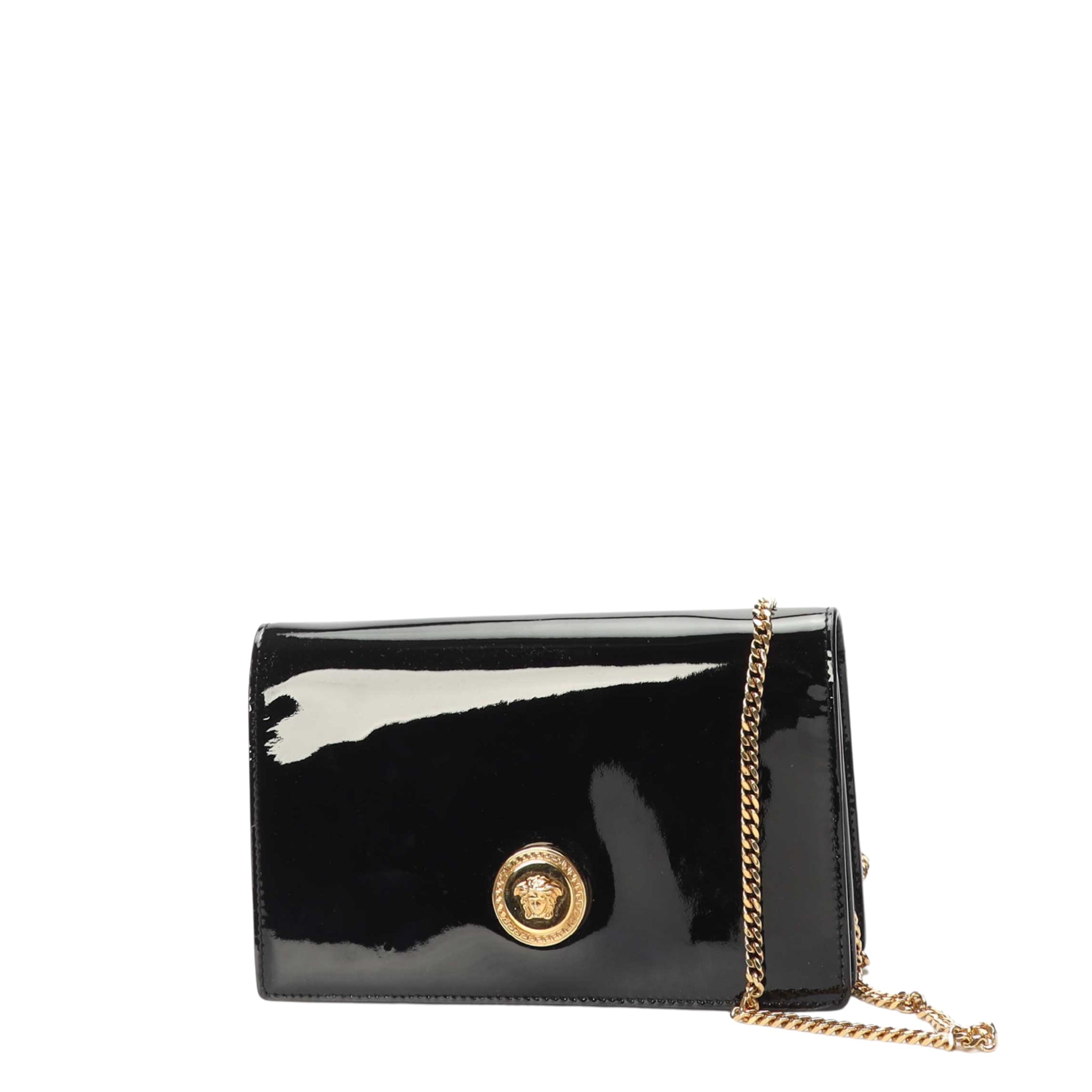 Versace Black Patent Leather La Medusa Chain Clutch