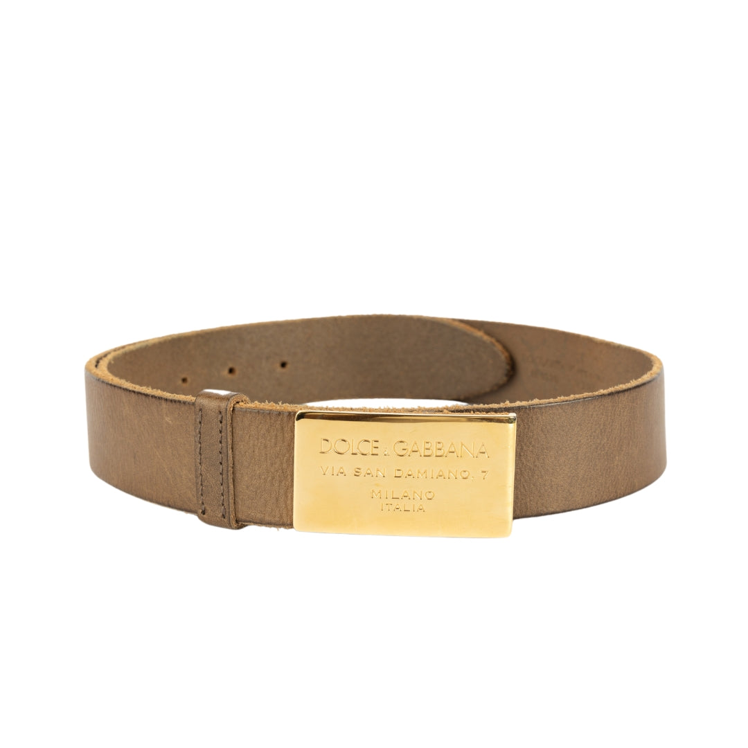 Dolce and Gabbana Brown Leather Plaque Buckle Belt