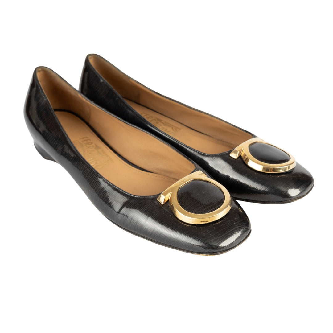 Salvatore Ferragamo Black Patent Leather Buckle Ballet Flats