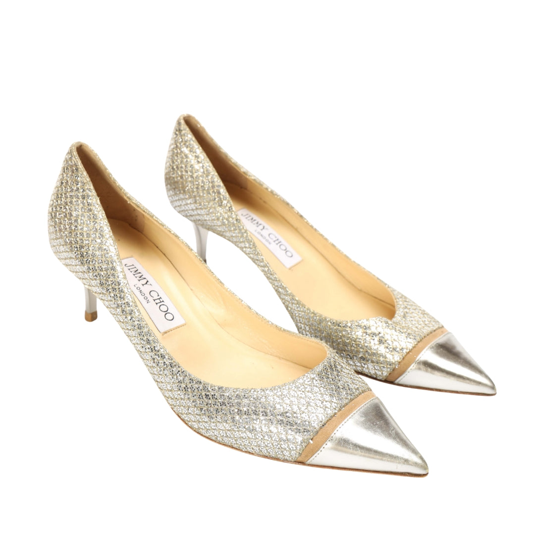 Jimmy Choo Silver Lurex Fabric Pointed Toe Pumps