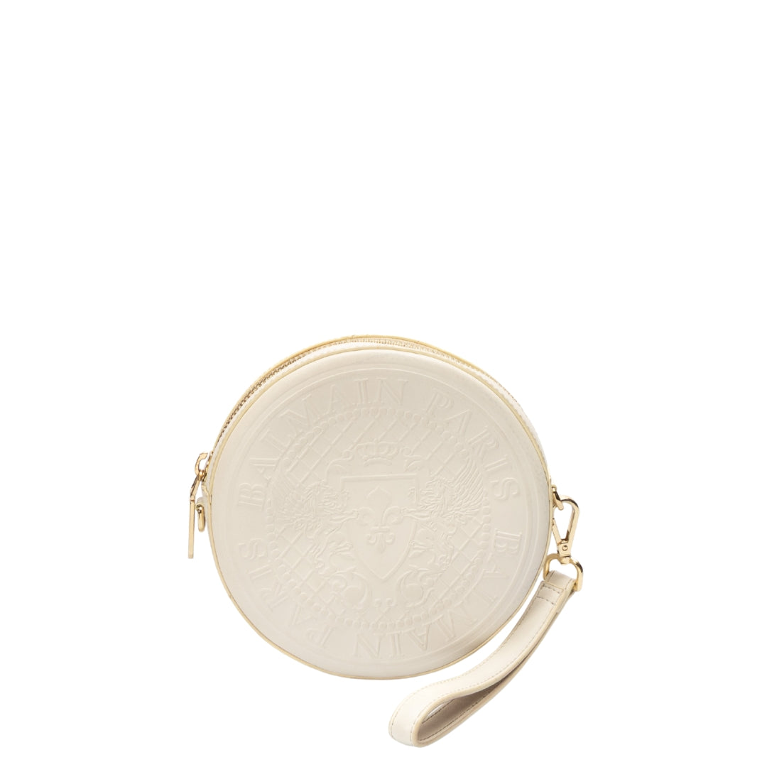 Balmain Paris White Logo Embossed Round Wristlet