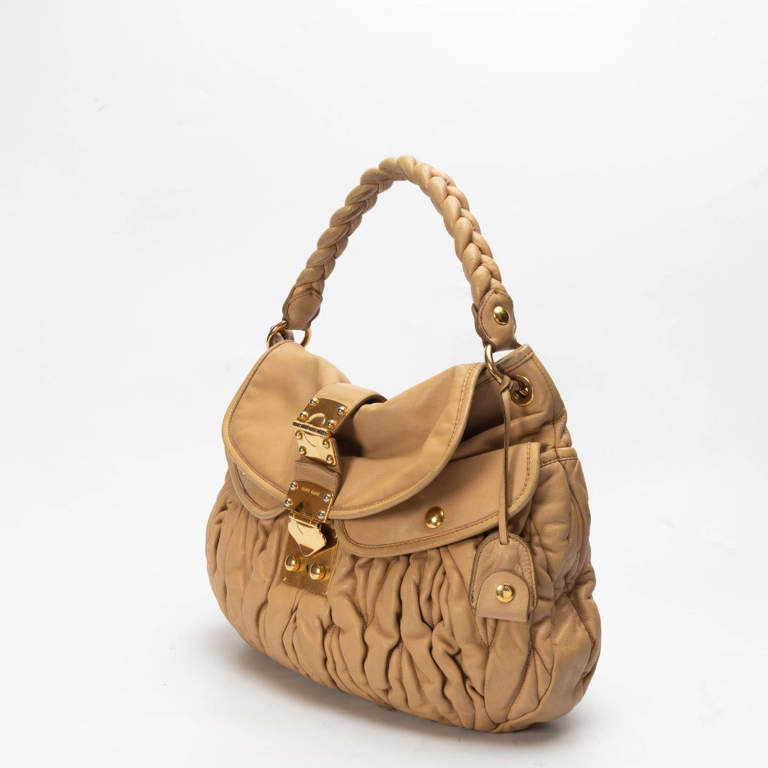 Miu Miu Beige Matelasse Leather Coffer Hobo Bag