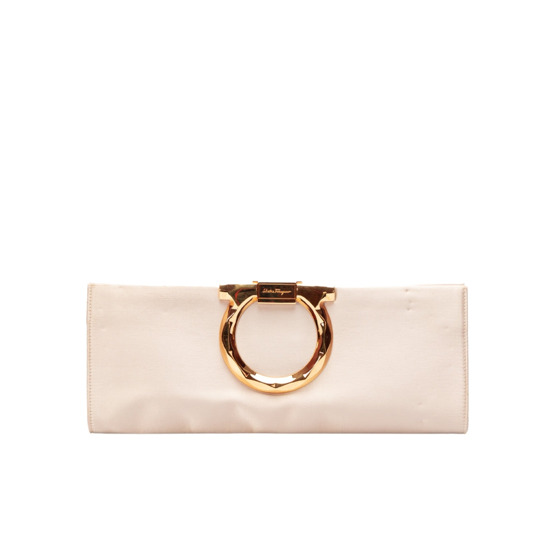 Salvatore Ferragamo Beige Satin Musa Gancini Clutch